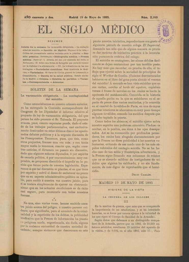 Miniatura de El Siglo Médico : boletín de medicina y gaceta médica del 19 de mayo de 1895