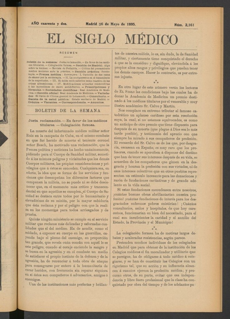 Miniatura de El Siglo Médico : boletín de medicina y gaceta médica del 26 de mayo de 1895