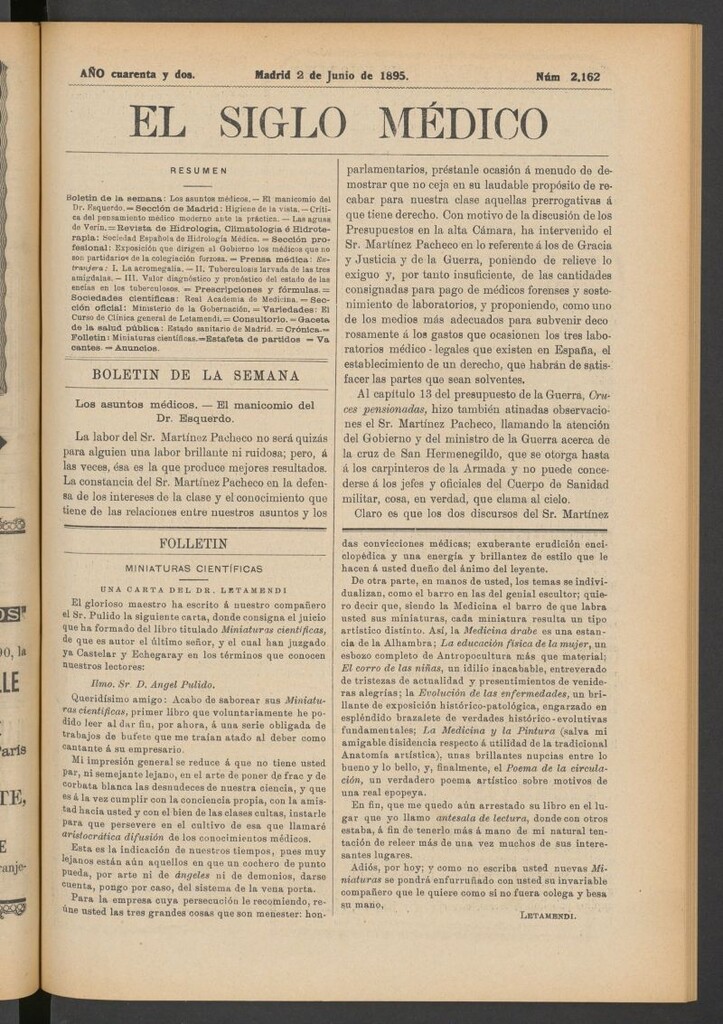 Miniatura de El Siglo Médico : boletín de medicina y gaceta médica del 2 de junio de 1895