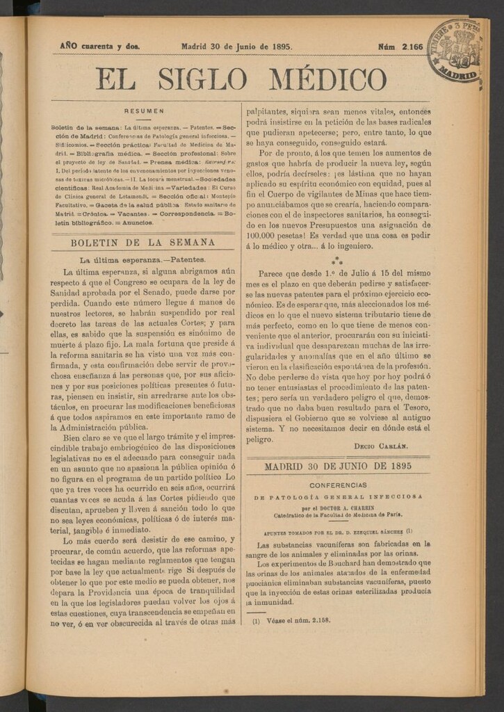 Miniatura de El Siglo Médico : boletín de medicina y gaceta médica del 30 de junio de 1895