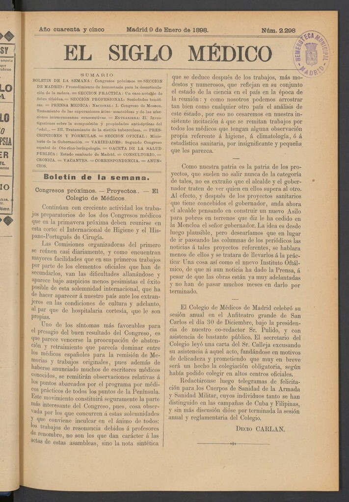 Miniatura de El Siglo Médico : boletín de medicina y gaceta médica del 9 de enero de 1898
