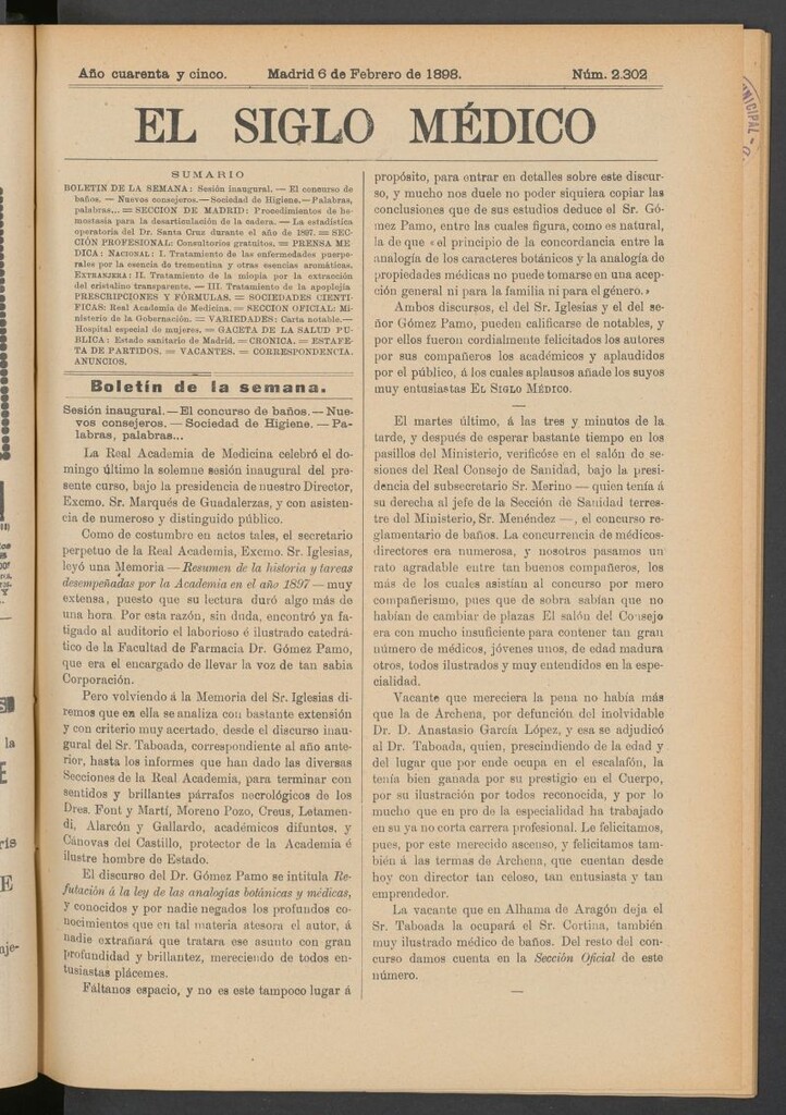 Miniatura de El Siglo Médico : boletín de medicina y gaceta médica del 6 de febrero de 1898