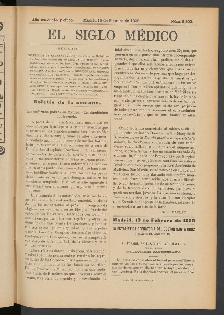 Miniatura de El Siglo Médico : boletín de medicina y gaceta médica del 13 de febrero de 1898