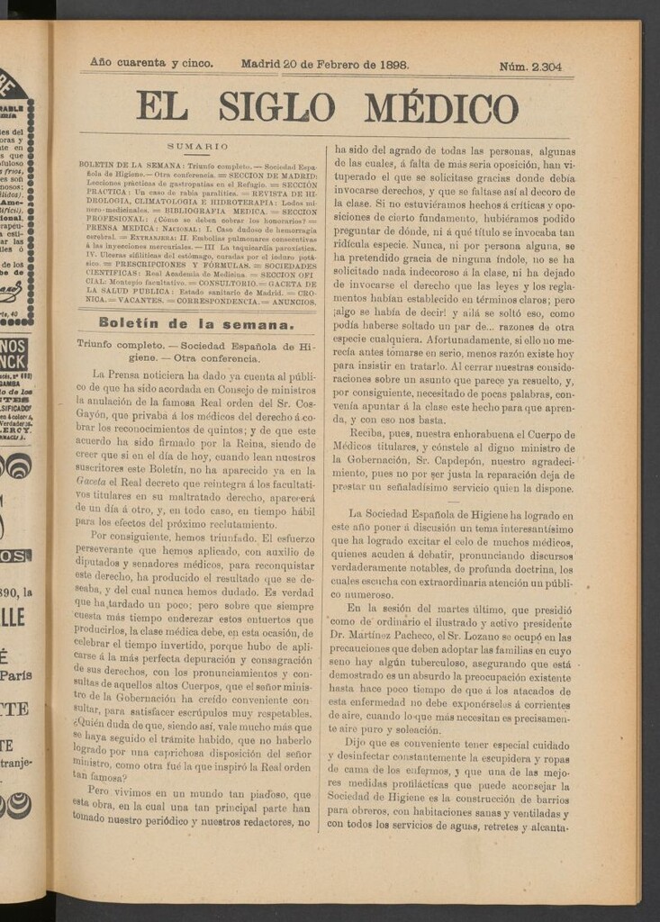 Miniatura de El Siglo Médico : boletín de medicina y gaceta médica del 20 de febrero de 1898