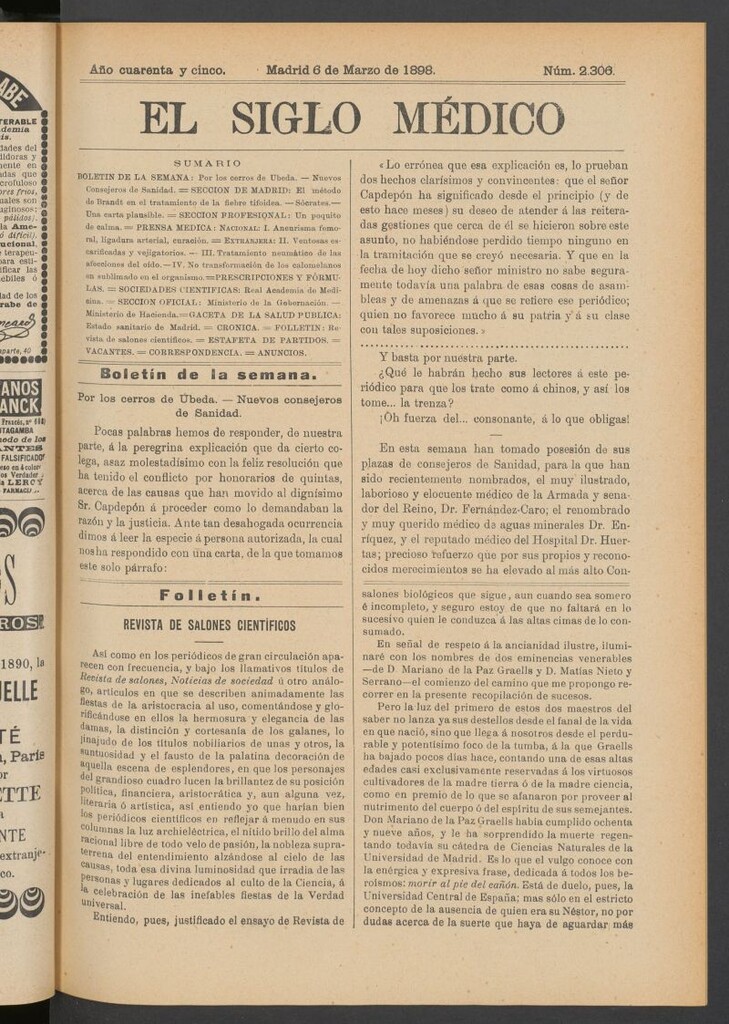 Miniatura de El Siglo Médico : boletín de medicina y gaceta médica del 6 de marzo de 1898