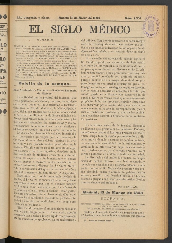 Miniatura de El Siglo Médico : boletín de medicina y gaceta médica del 13 de marzo de 1898