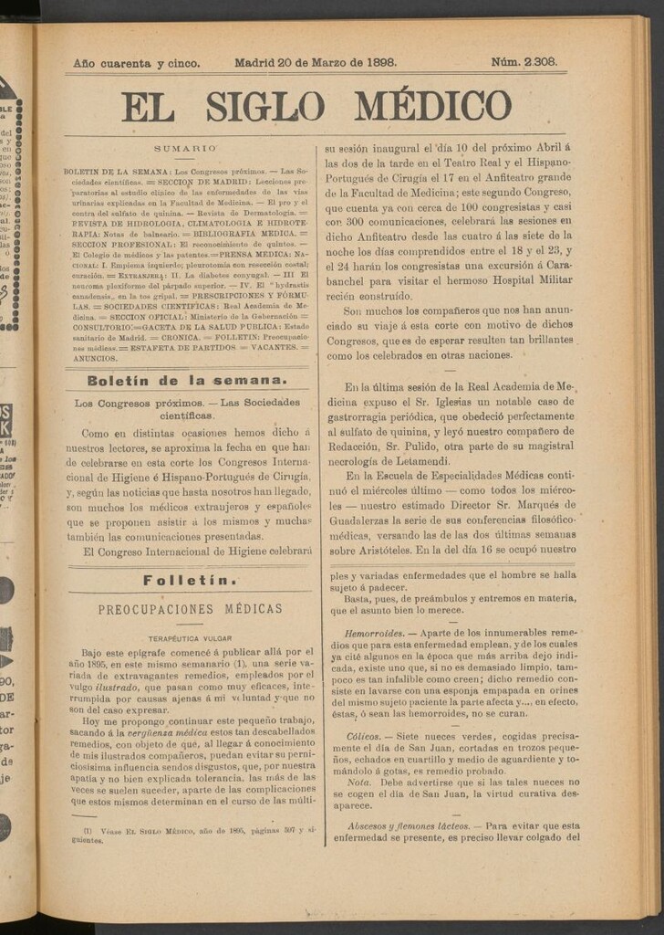 Miniatura de El Siglo Médico : boletín de medicina y gaceta médica del 20 de marzo de 1898