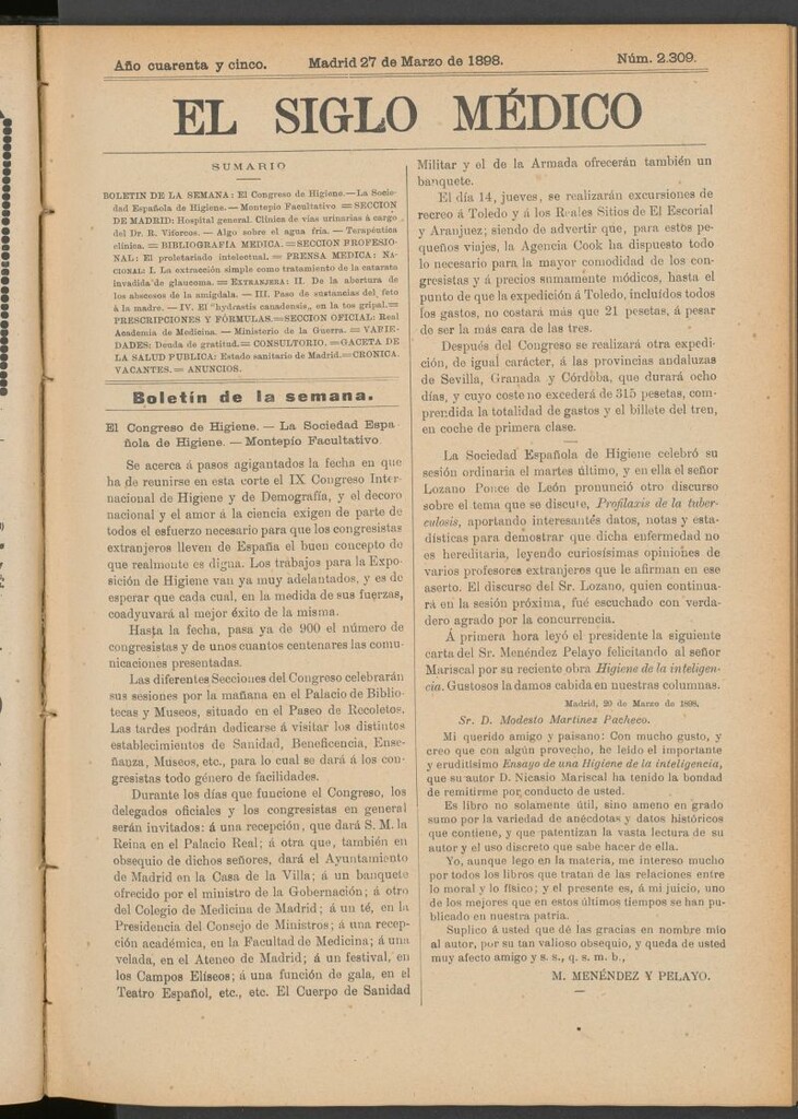 Miniatura de El Siglo Médico : boletín de medicina y gaceta médica del 27 de marzo de 1898