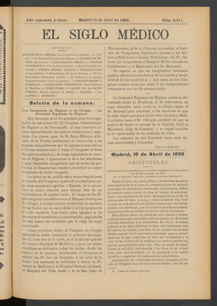 Miniatura de El Siglo Médico : boletín de medicina y gaceta médica del 10 de abril de 1898