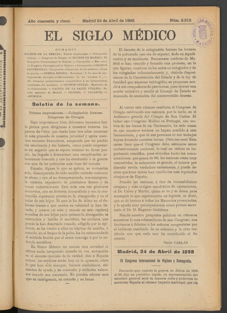 Miniatura de El Siglo Médico : boletín de medicina y gaceta médica del 24 de abril de 1898