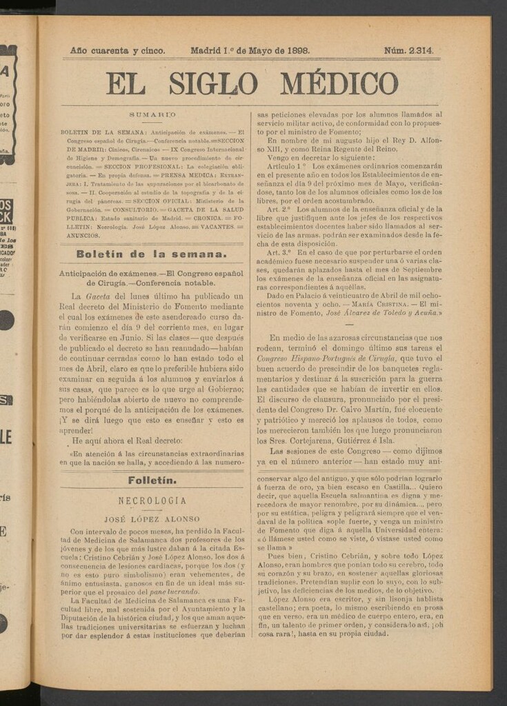 Miniatura de El Siglo Médico : boletín de medicina y gaceta médica del 1 de mayo de 1898