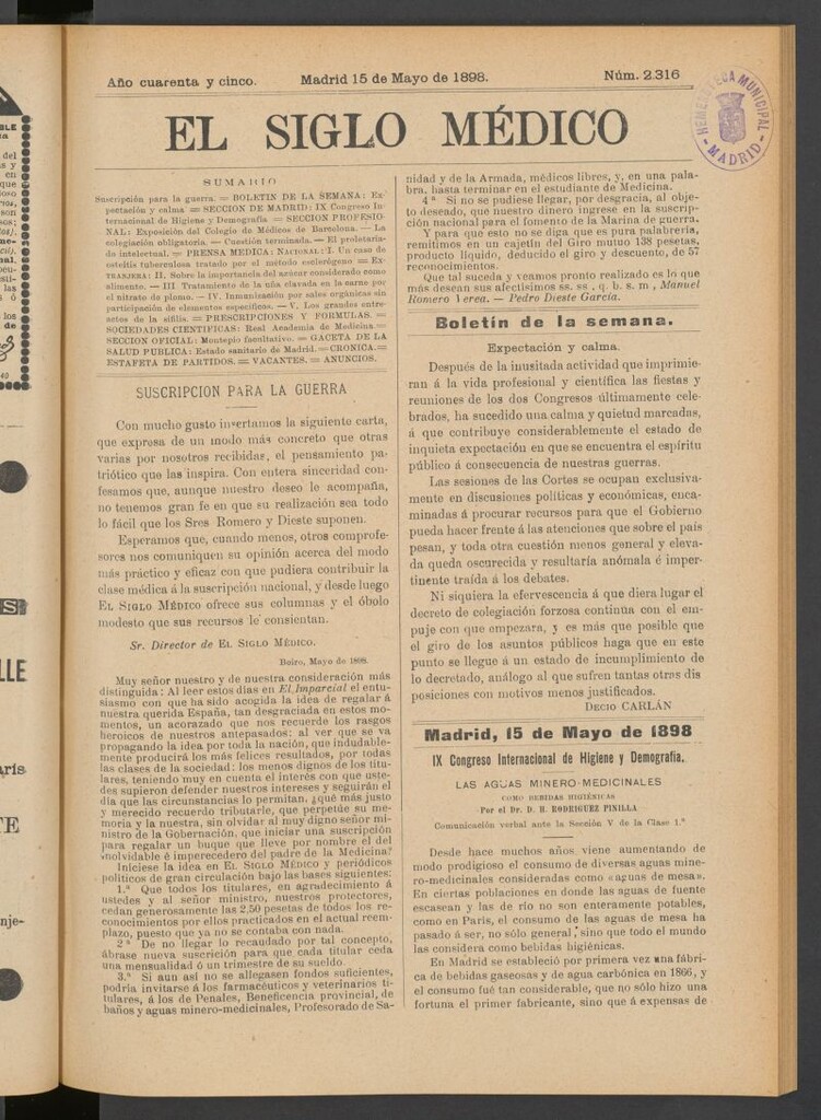 Miniatura de El Siglo Médico : boletín de medicina y gaceta médica del 15 de mayo de 1898