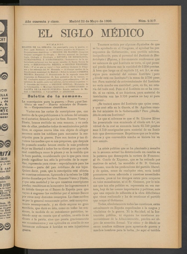 Miniatura de El Siglo Médico : boletín de medicina y gaceta médica del 22 de mayo de 1898