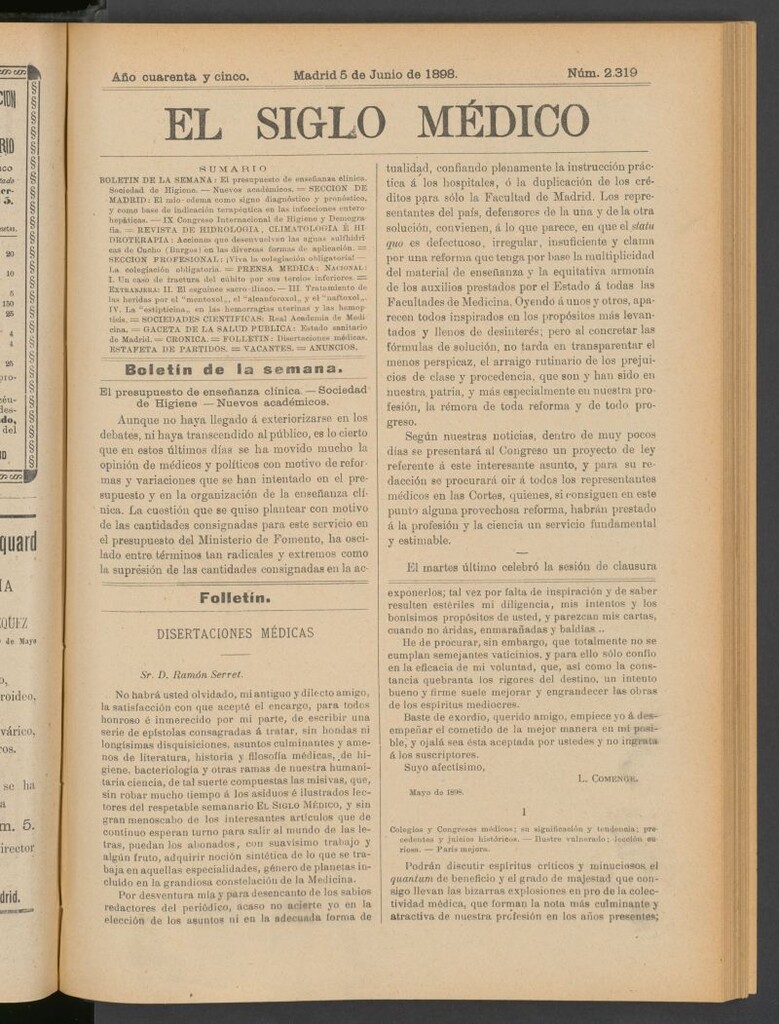 Miniatura de El Siglo Médico : boletín de medicina y gaceta médica del 5 de junio de 1898