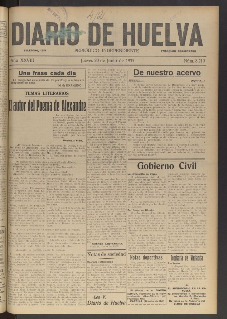 Miniatura de Diario de Huelva : periódico independiente del 20 de junio de 1935