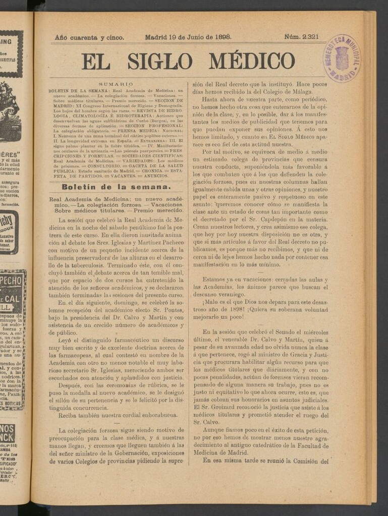 Miniatura de El Siglo Médico : boletín de medicina y gaceta médica del 19 de junio de 1898