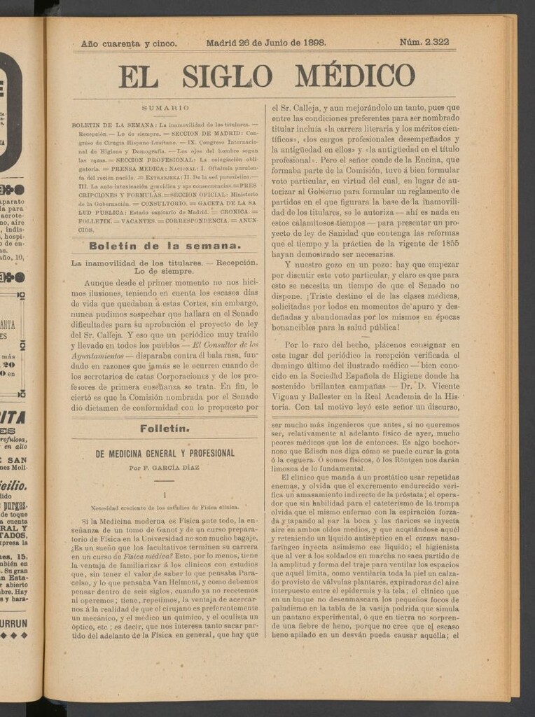 Miniatura de El Siglo Médico : boletín de medicina y gaceta médica del 26 de junio de 1898