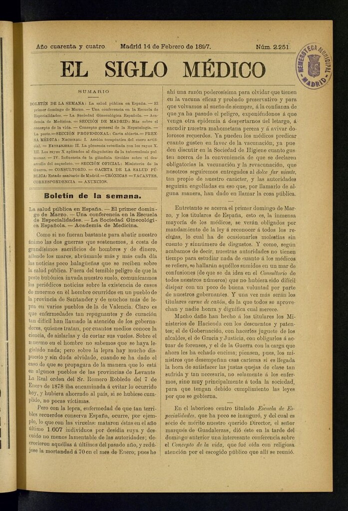 Miniatura de El Siglo Médico : boletín de medicina y gaceta médica del 14 de febrero de 1897