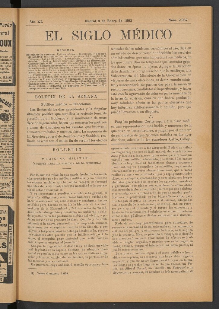 Miniatura de El Siglo Médico: boletín de medicina y gaceta médica del 8 de enero de 1893