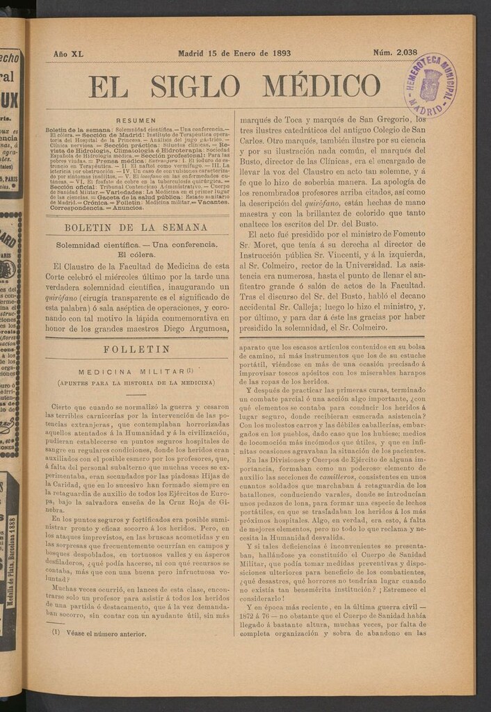 Miniatura de El Siglo Médico: boletín de medicina y gaceta médica del 15 de enero de 1893