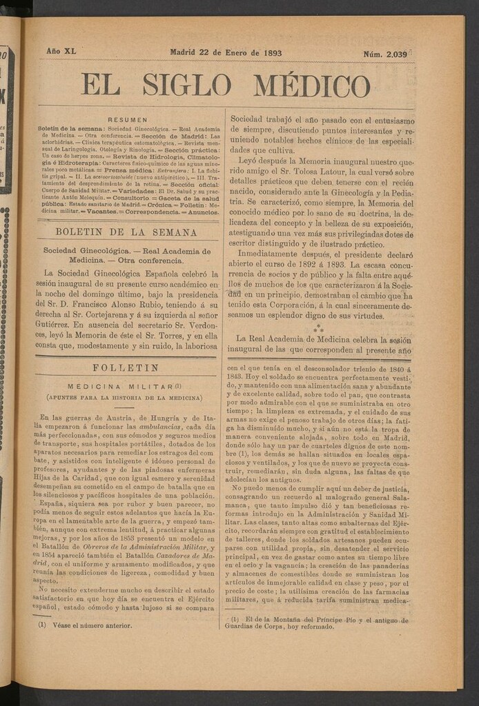 Miniatura de El Siglo Médico: boletín de medicina y gaceta médica del 22 de enero de 1893