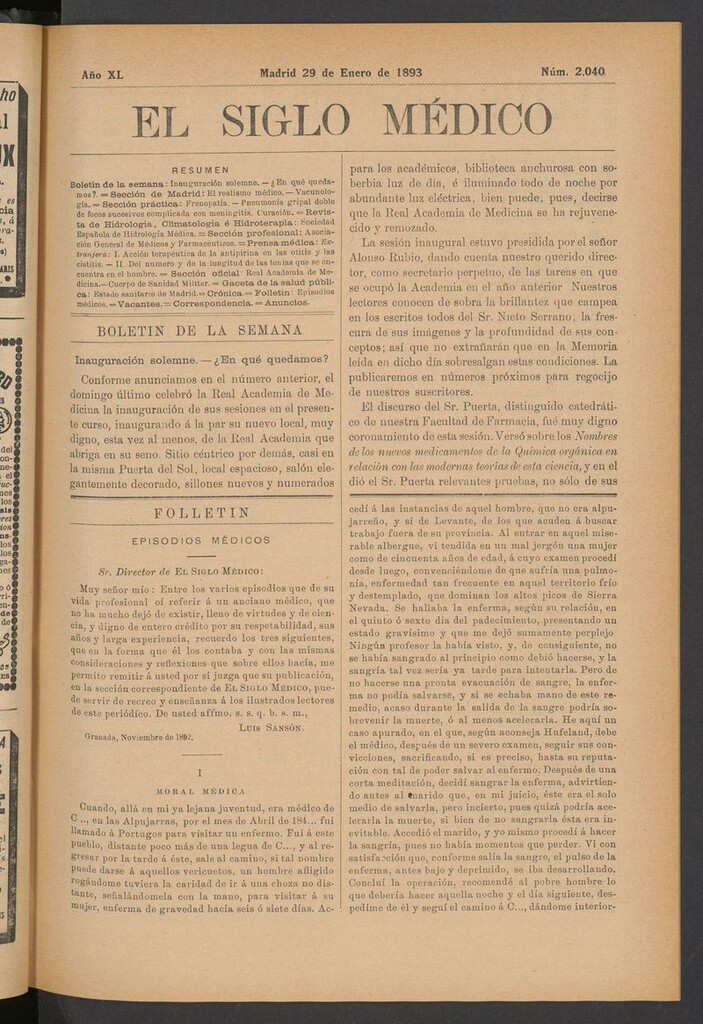 Miniatura de El Siglo Médico: boletín de medicina y gaceta médica del 29 de enero de 1893