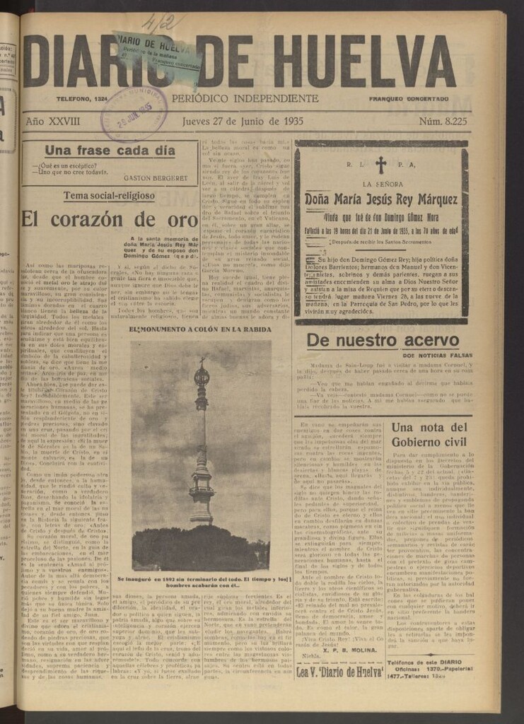 Miniatura de Diario de Huelva : periódico independiente del 27 de junio de 1935
