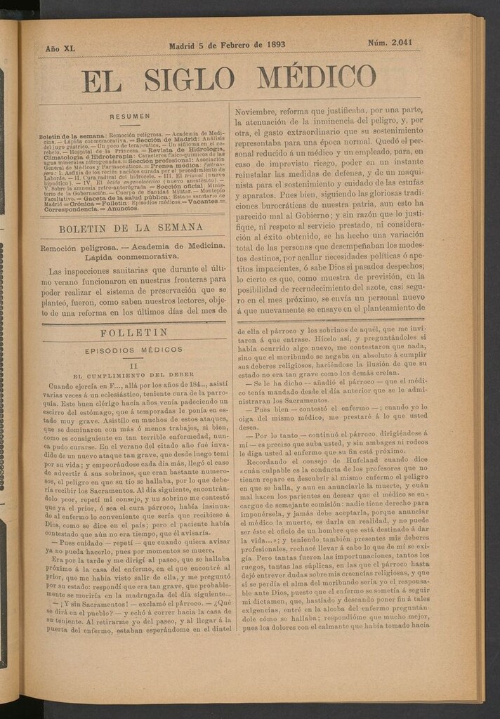 Miniatura de El Siglo Médico: boletín de medicina y gaceta médica del 5 de febrero de 1893