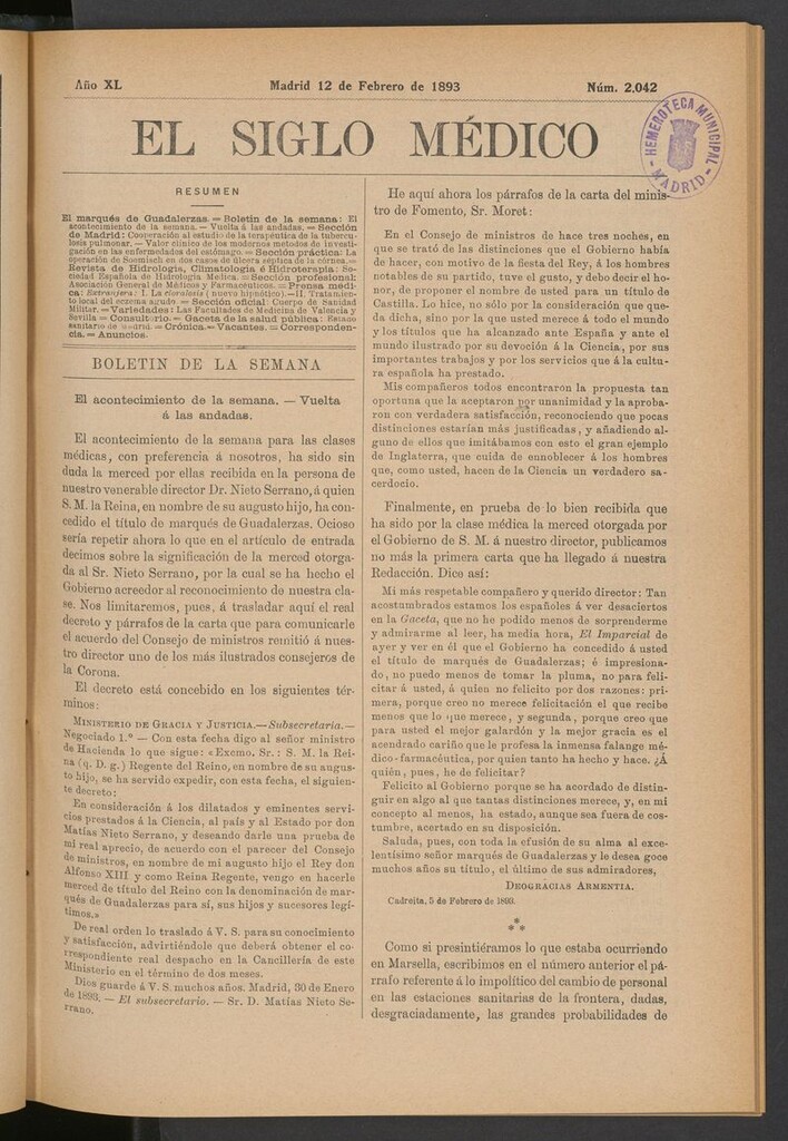 Miniatura de El Siglo Médico: boletín de medicina y gaceta médica del 12 de febrero de 1893