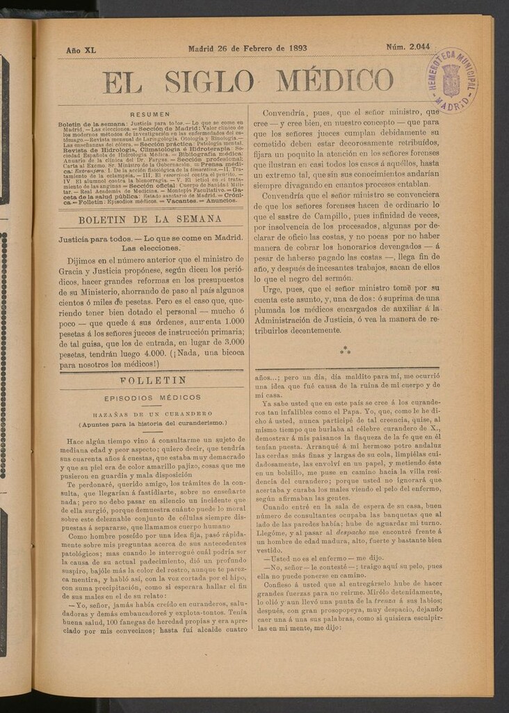 Miniatura de El Siglo Médico: boletín de medicina y gaceta médica del 26 de febrero de 1893