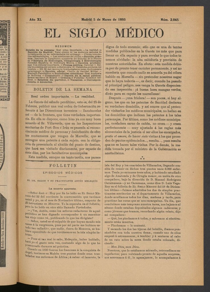 Miniatura de El Siglo Médico: boletín de medicina y gaceta médica del 5 de marzo de 1893