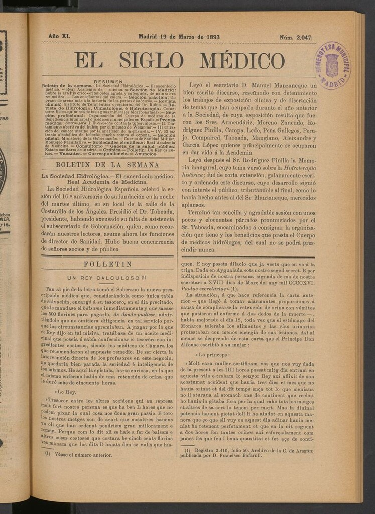 Miniatura de El Siglo Médico: boletín de medicina y gaceta médica del 19 de marzo de 1893