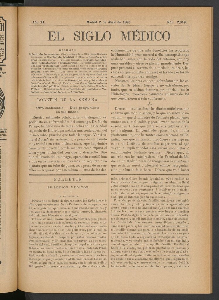 Miniatura de El Siglo Médico: boletín de medicina y gaceta médica del 2 de abril de 1893