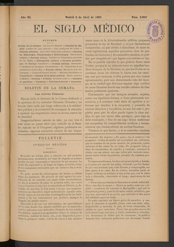 Miniatura de El Siglo Médico: boletín de medicina y gaceta médica del 9 de abril de 1893