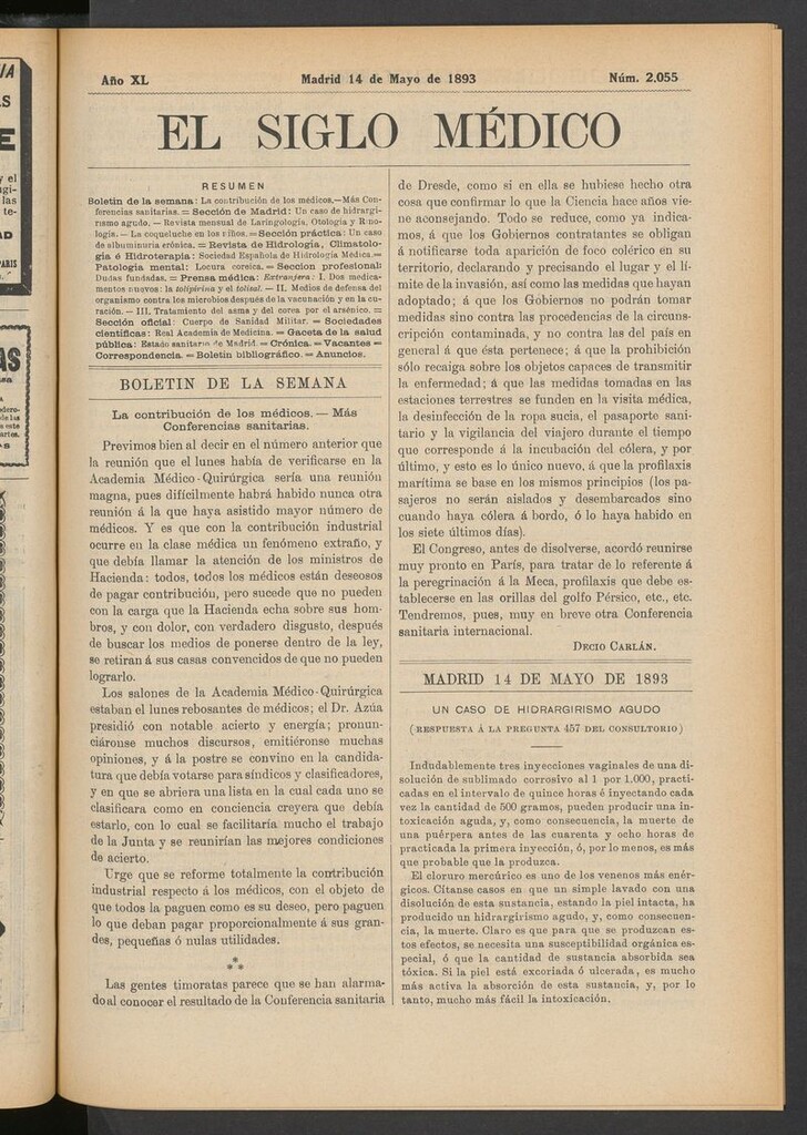 Miniatura de El Siglo Médico: boletín de medicina y gaceta médica del 14 de mayo de 1893