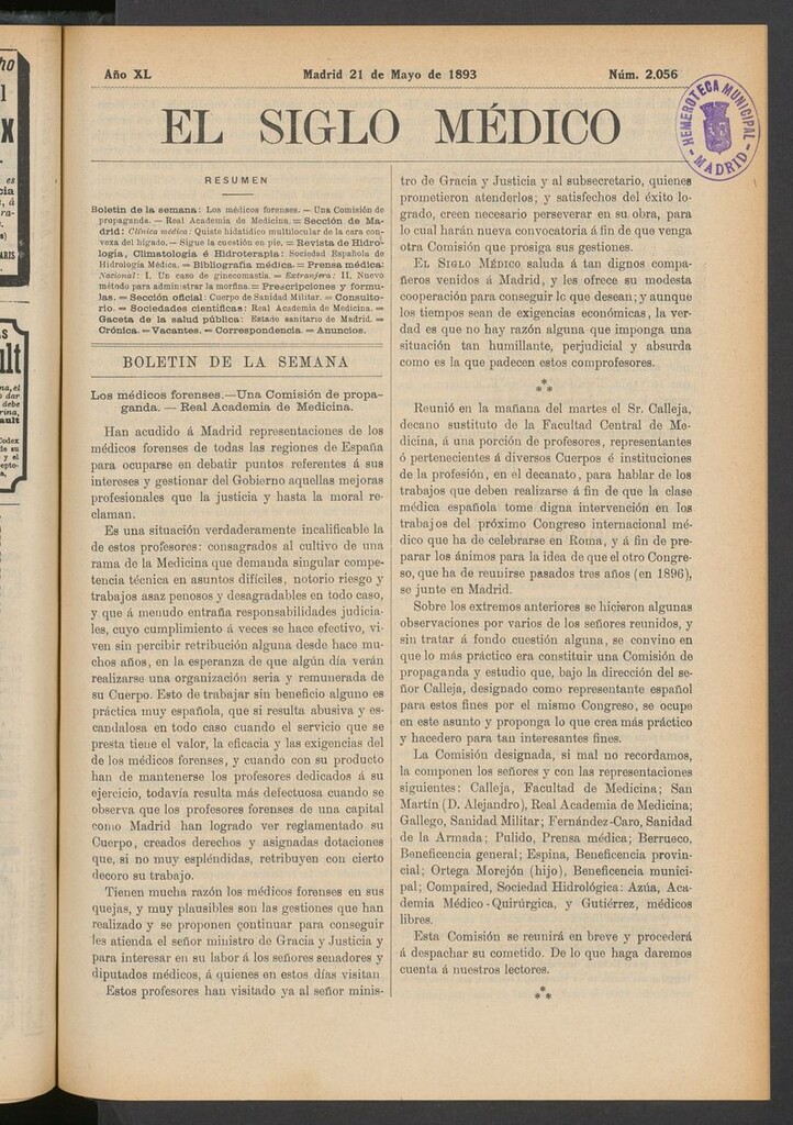 Miniatura de El Siglo Médico: boletín de medicina y gaceta médica del 21 de mayo de 1893