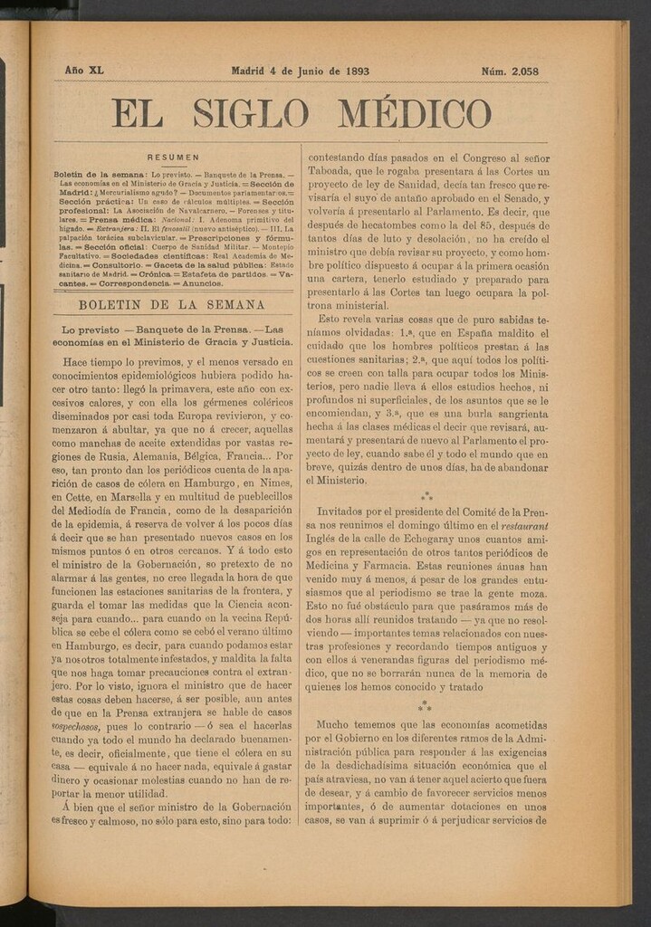 Miniatura de El Siglo Médico: boletín de medicina y gaceta médica del 4 de junio de 1893
