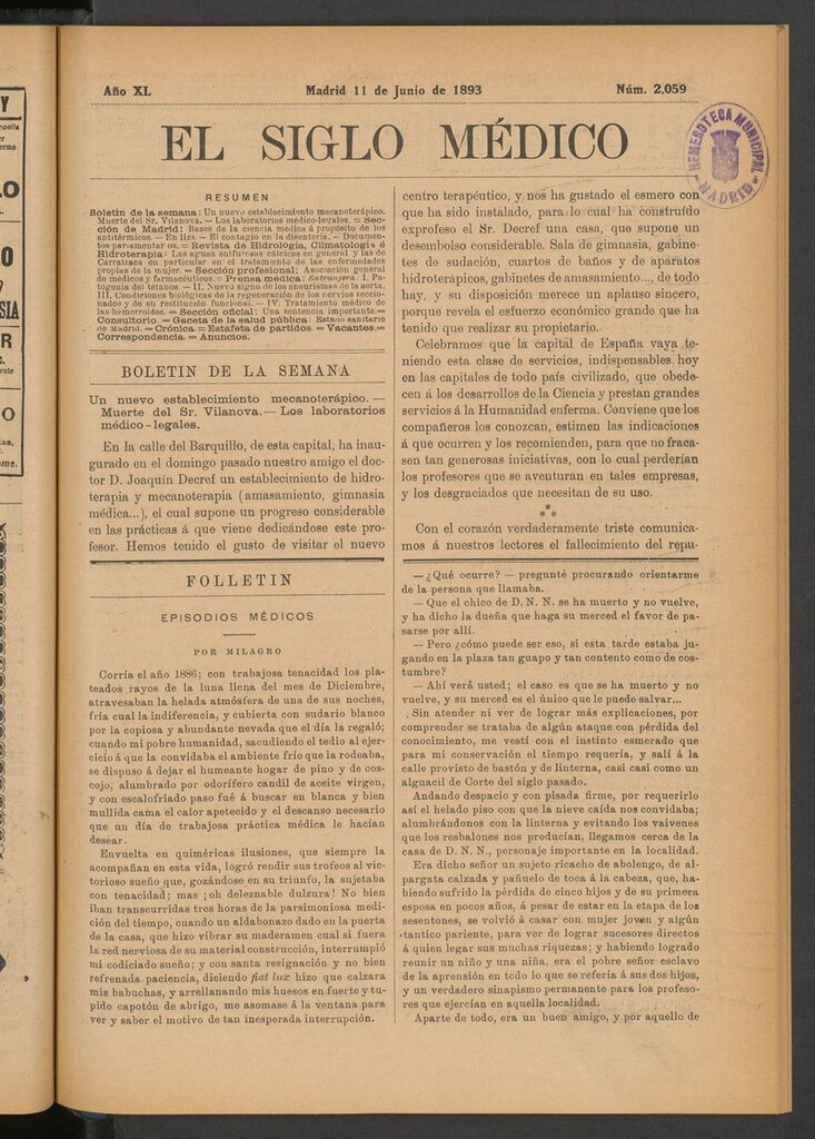 Miniatura de El Siglo Médico: boletín de medicina y gaceta médica del 11 de junio de 1893