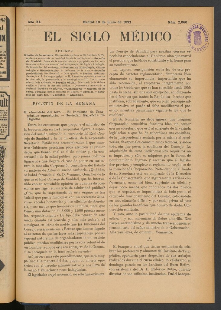 Miniatura de El Siglo Médico: boletín de medicina y gaceta médica del 18 de junio de 1893