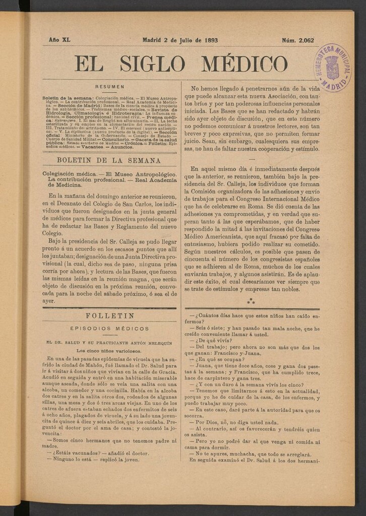 Miniatura de El Siglo Médico: boletín de medicina y gaceta médica del 2 de julio de 1893