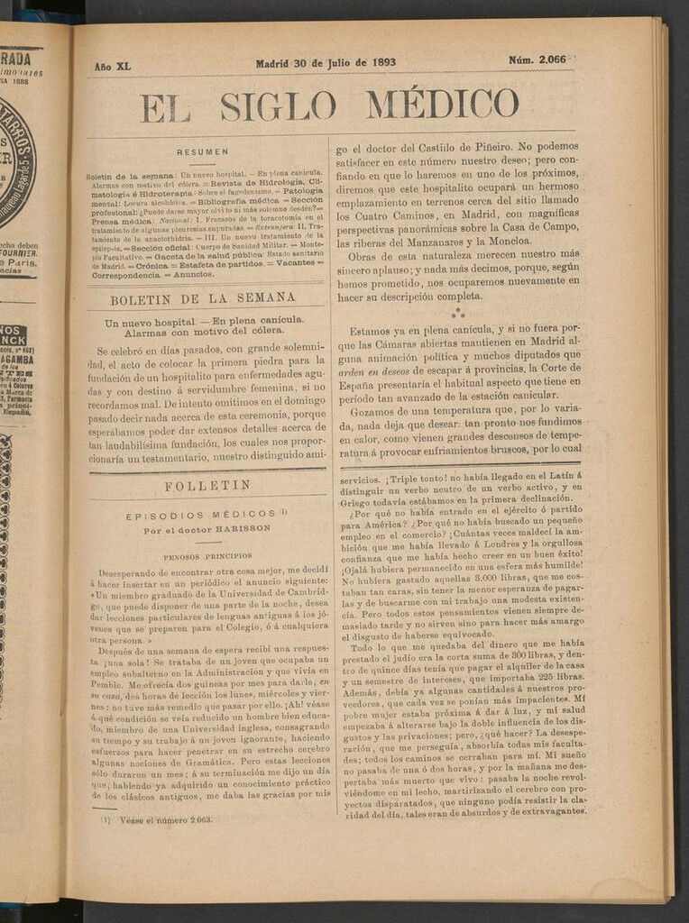Miniatura de El Siglo Médico: boletín de medicina y gaceta médica del 30 de julio de 1893