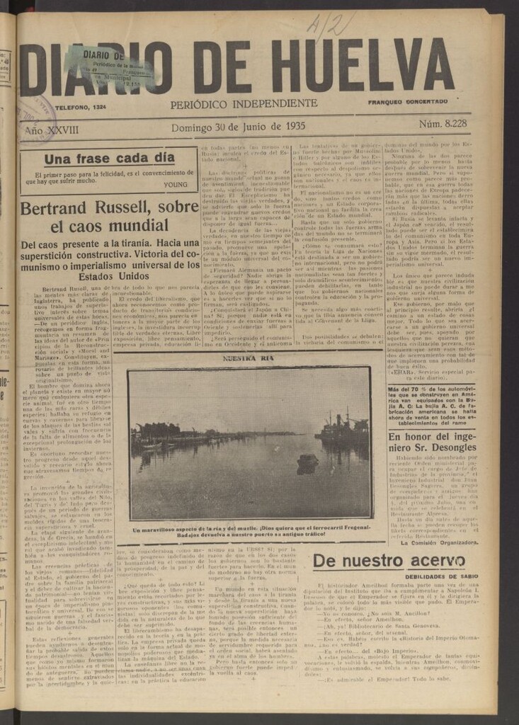 Miniatura de Diario de Huelva : periódico independiente del 30 de junio de 1935