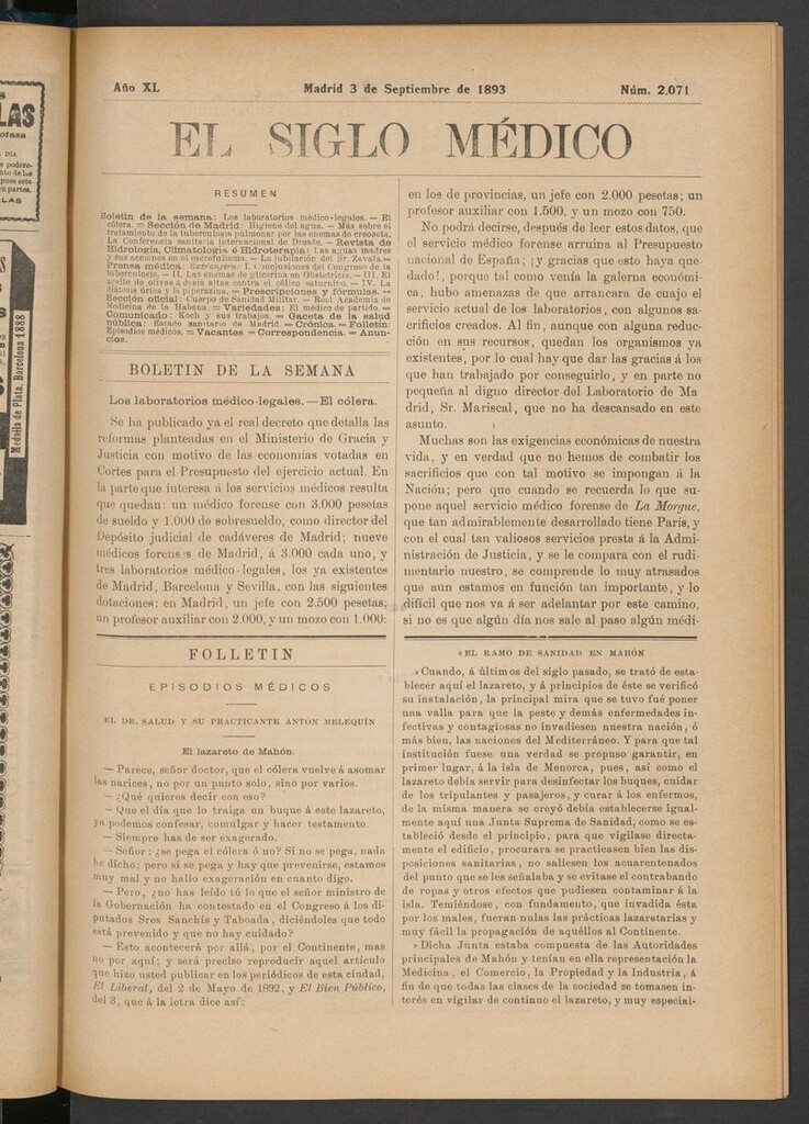 Miniatura de El Siglo Médico: boletín de medicina y gaceta médica del 3 de septiembre de 1893