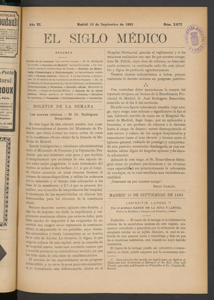 Miniatura de El Siglo Médico: boletín de medicina y gaceta médica del 10 de septiembre de 1893