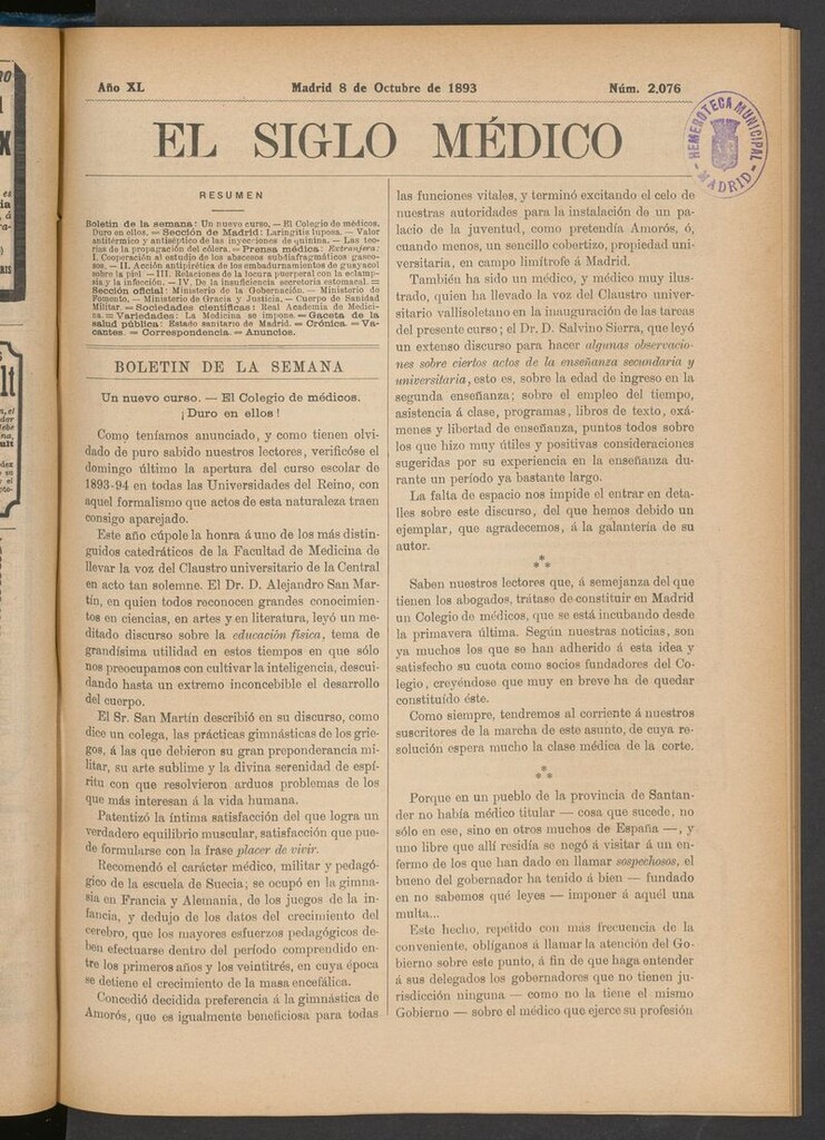 Miniatura de El Siglo Médico: boletín de medicina y gaceta médica del 8 de octubre de 1893