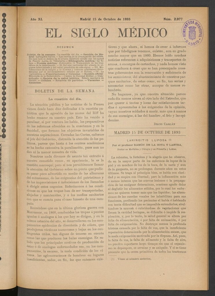 Miniatura de El Siglo Médico: boletín de medicina y gaceta médica del 15 de octubre de 1893