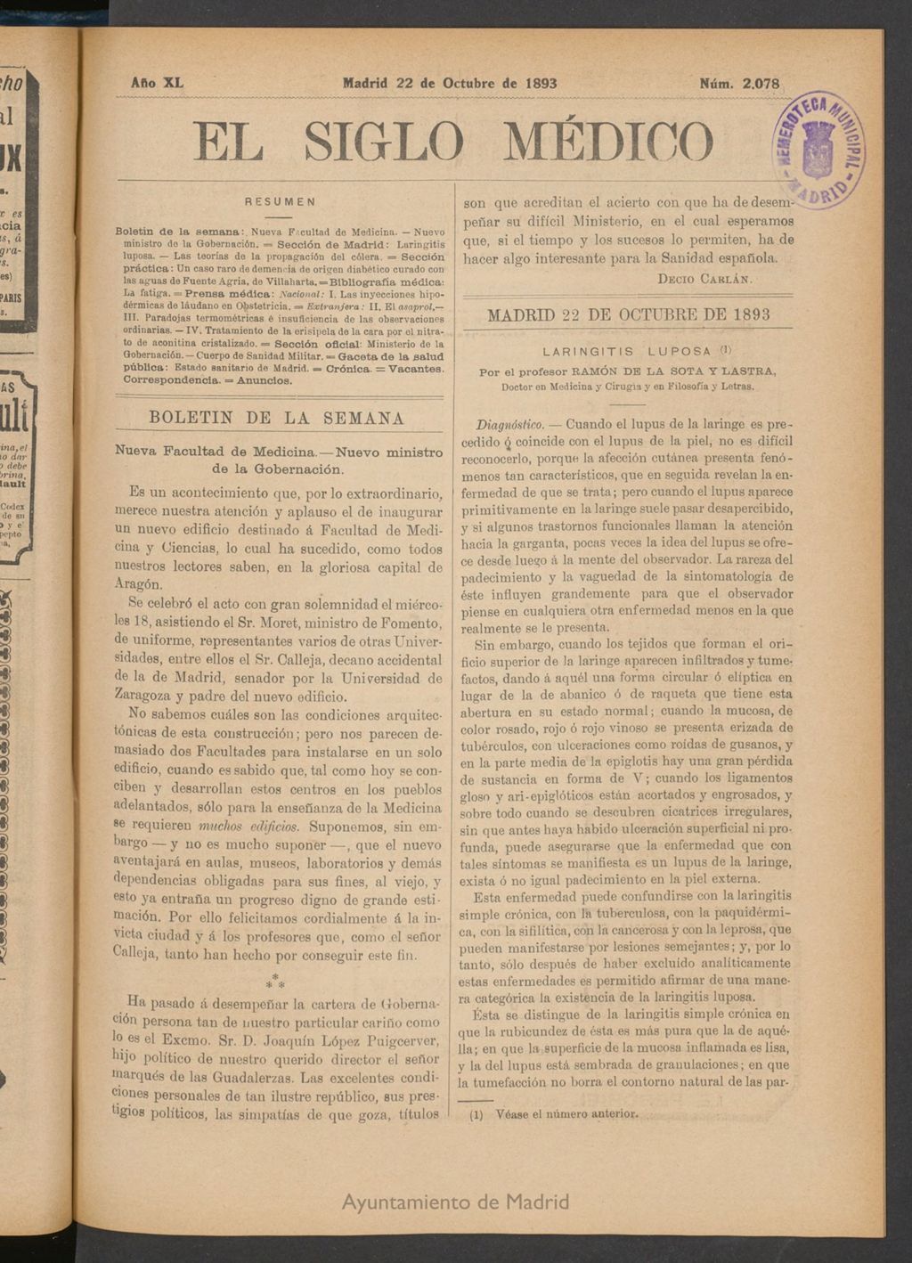 Miniatura de El Siglo Médico: boletín de medicina y gaceta médica del 22 de octubre de 1893