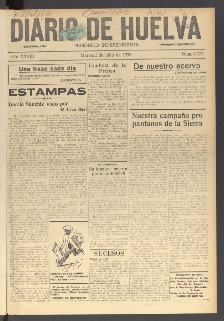 Miniatura de Diario de Huelva : periódico independiente del 2 de julio de 1935