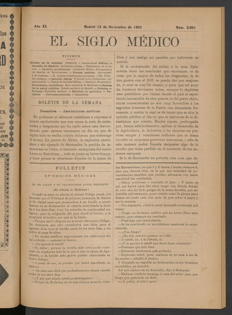 Miniatura de El Siglo Médico: boletín de medicina y gaceta médica del 12 de noviembre de 1893