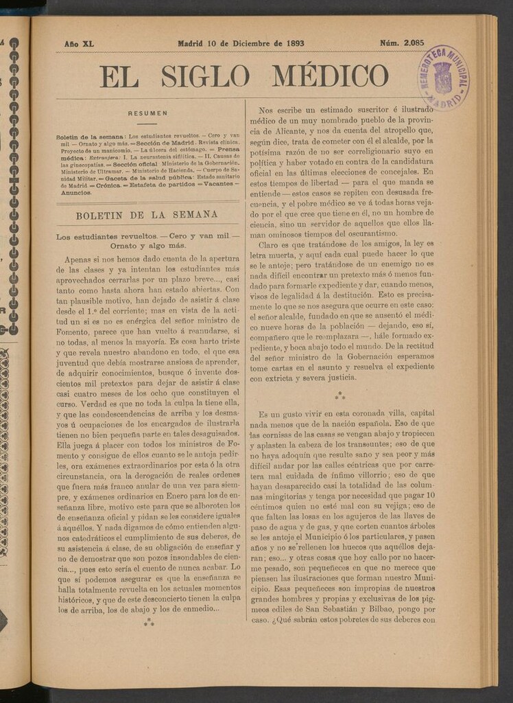 Miniatura de El Siglo Médico: boletín de medicina y gaceta médica del 10 de diciembre de 1893